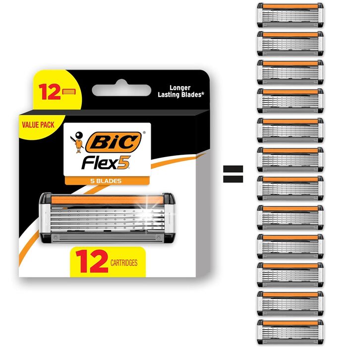 Багаторазові картриджі для гоління BIC Flex 5 для чоловіків, бритва з довгим лезом для гладкого та комфортного гоління, 12 картриджів для заправки чорний/білий/помаранчевий 12 шт. (1 упаковка)