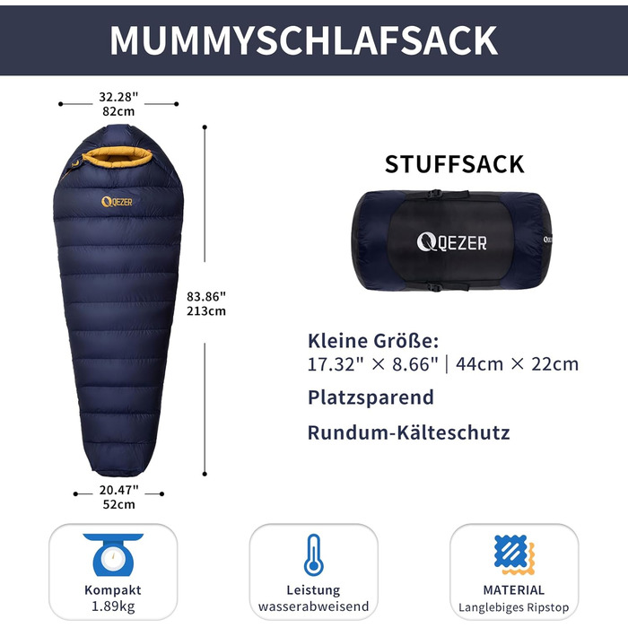 Пуховий спальний мішок, зимовий спальний мішок з антистатичною графеновою підкладкою, наповнювач 620, 1450 грамів, від -24C до 0C, підходить для кемпінгу, походів та трекінгу. Темно-синій -8C