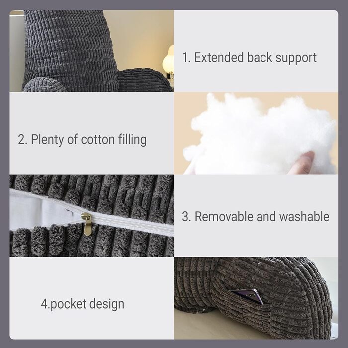 Подушка для читання зі спинкою, зручна спинка з підлокітниками, знімна для дорослих з кишенями для ліжка та дивана, для телевізора, мобільних телефонів (темно-сіра)