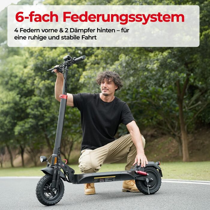 Електросамокат з допуском до дорожнього руху, 10-дюймові позашляхові пневматичні шини з подвійною системою амортизації, акумулятор 12,5 Аг із запасом ходу 6070 км, РК-панель приладів, максимальне навантаження 150 кг, смарт-застосунок.