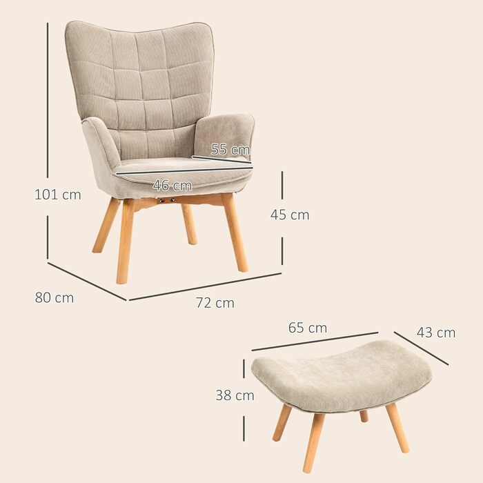 Крісло HOMCOM з підніжкою та підставкою, крісло для відпочинку з вельветовим ефектом, сучасне крісло-реклайнер, крісло, крісло для читання для вітальні, спальні, світло-коричневий хакі, 72Д x 80Ш x 101В см