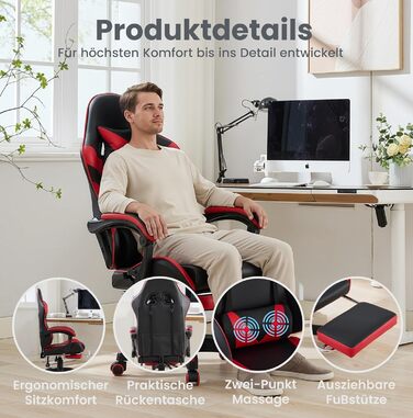Ергономічне ігрове крісло з функцією масажу та підставкою для ніг вантажопідйомність 150 кг, ергономічне офісне крісло в гоночному дизайні, регульоване по висоті з опорою для голови та попереку для офісу та комп&39ютерних ігор, чорно-червоне.