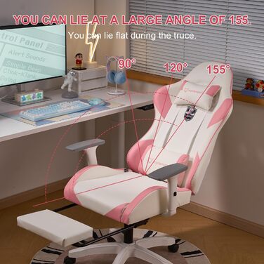 Ергономічне ігрове крісло, комп&39ютерне крісло з педалями - регульоване по висоті, обертове крісло з підголівником та поперековою опорою, нахил 155 (рожеве)