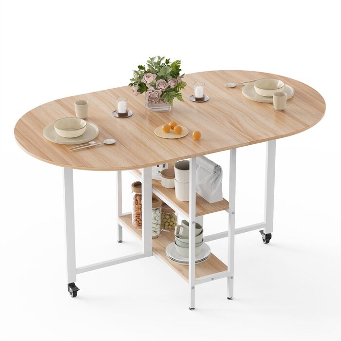 Мобільний розкладний обідній стіл Mondeer, розкладний стіл з 2 відкритими полицями, дизайн із заокругленими краями, їдальня-кухня для невеликих приміщень, 140 x 80 x 75 см, дуб та білий
