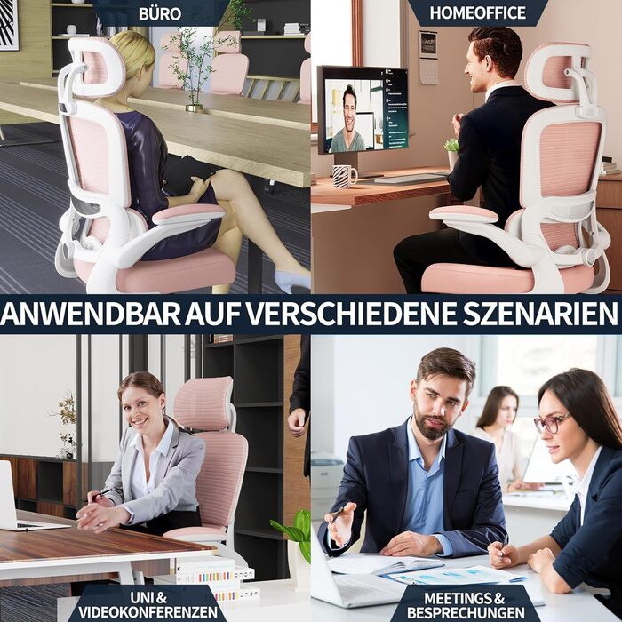 Ергономічне офісне крісло TRALT - Офісне крісло з регульованою поперековою опорою та підголівником, Ігрове крісло - Офісне крісло - Крісло для столу, Крісло для домашнього офісу, Ергономічне, Вага вантажопідйомність 150 кг, для високих людей, Рожеве