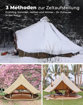 Намет для глемпінгу KingCamp, намет-дзвін для 6-12 осіб, 4-6,7 м, чиста бавовна/TC бавовна, водонепроникний, сімейний намет для відпочинку на природі з ПВХ-підкладкою, фестивальний намет для сімей та кемпінгових груп KHAN 4M T/C 210g Base Camp