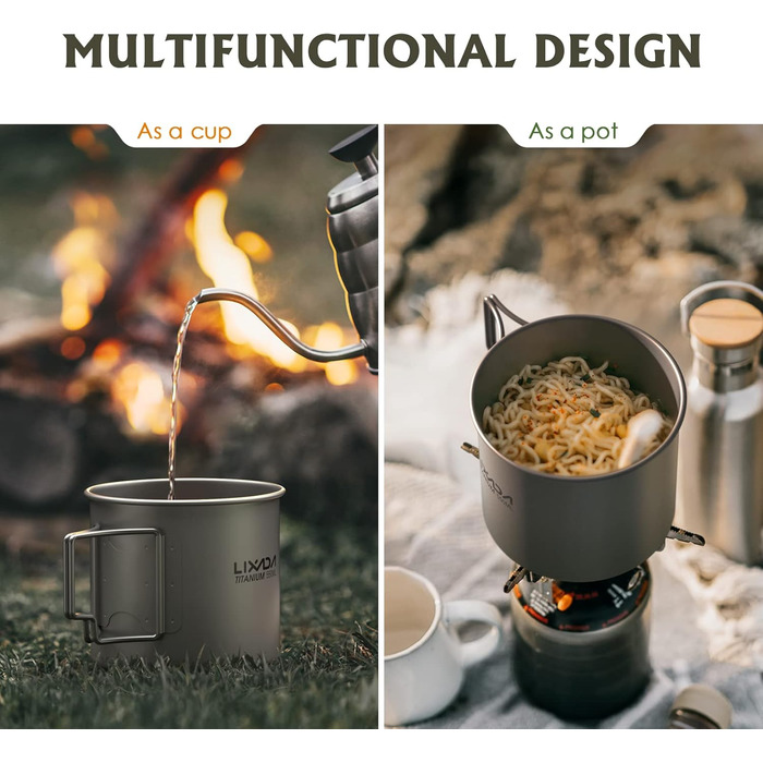 Портативний титановий горщик Lixada Ultralight з кришкою та ручкою для води, складний, для кемпінгу, відпочинку на природі, кухні, пікніка