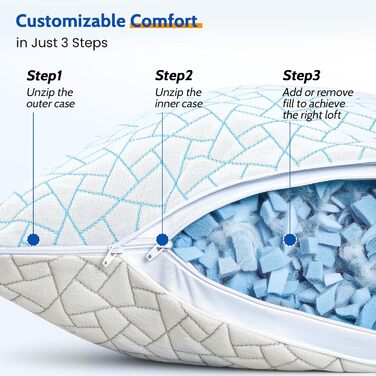 Подушка JINXIA з регульованою висотою 76 x 51 см (комплект з 2 шт.), гіпоалергенна велика подушка для сну з наповнювачем з мікрофібри, дихаюча подушка з подрібненого пінополіуретану з ефектом пам&39яті для всіх сплячих