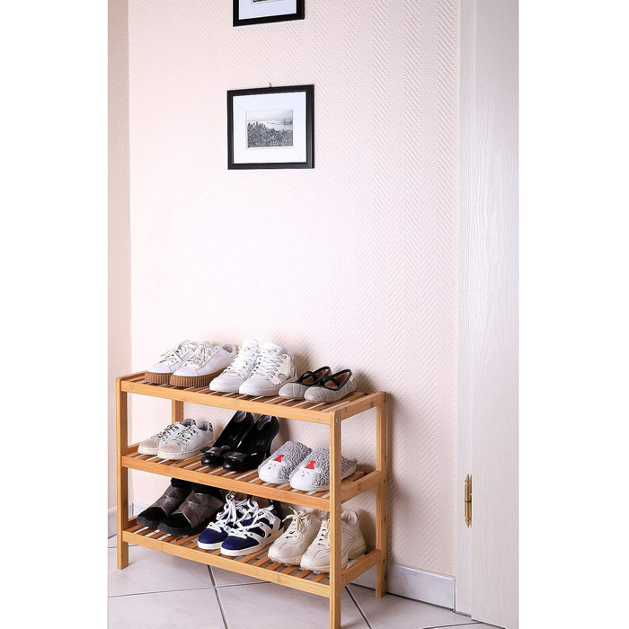 Полиця для взуття dibea з 3 полицями, бамбукова шафа для взуття, окремостояча полиця, кухонна полиця, полиця для вітальні, 70x26x55 см, натуральний колір, натуральний, 70x26x55 (3 полиці)