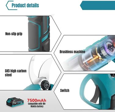 Акумуляторні садові ножиці для акумуляторів Makita 18V, електричні садові ножиці 30 мм, електричні садові ножиці з 2 акумуляторами ємністю 7500 мАг, садові ножиці з дисплеєм, бездротові садові ножиці для садівництва та обрізки дерев