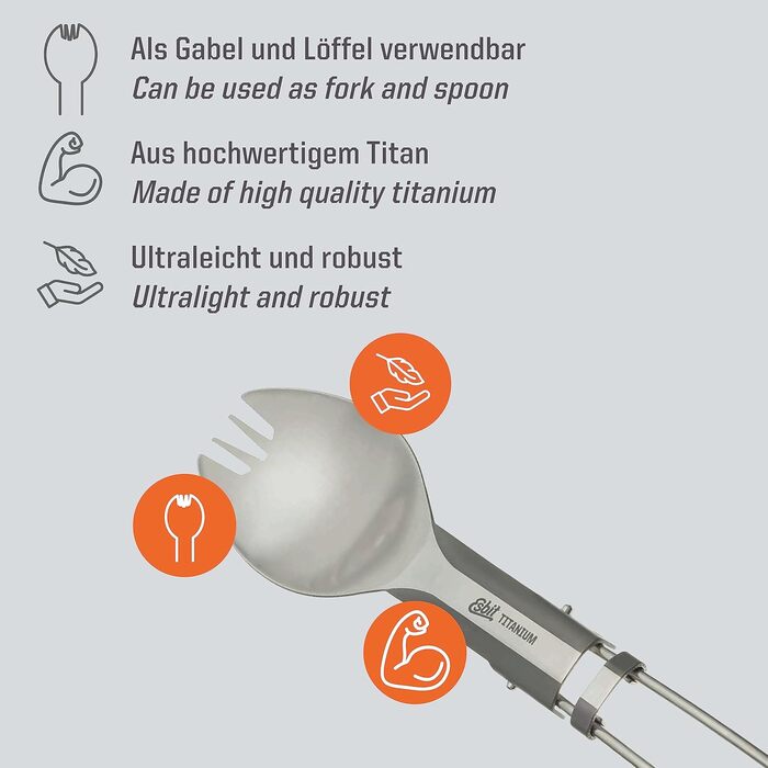 Титанова ложка Esbit - Складані столові прибори для кемпінгу - Легкий кемпінговий посуд - Складані столові прибори з титанової виделки/ложки
