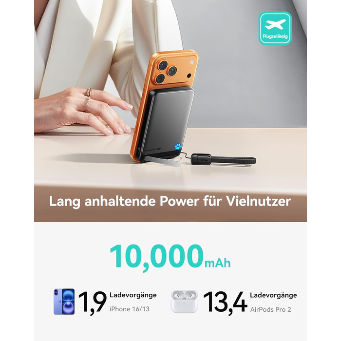 Найтонший магнітний портативний зарядний пристрій ємністю 10000 мАг, сертифікований Qi2, потужністю 15 Вт, надшвидкі зовнішні акумулятори для телефону потужністю 45 Вт з кабелем USB-C, портативний зарядний пристрій із підставкою лише для iPhone 17, 16, 15