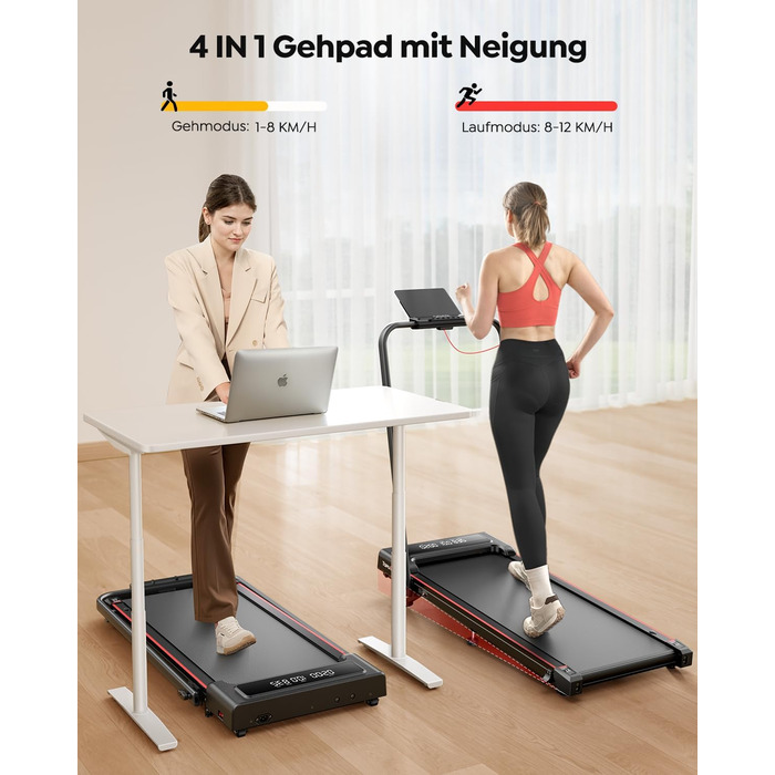 Домашня бігова доріжка з нахилом, біговий майданчик 4 в 1, складна бігова доріжка 12 км/год з нахилом, бігова доріжка 2,5 к.с. під стіл для дому та офісу, пульт дистанційного керування та додаток, кнопка вимкнення звуку