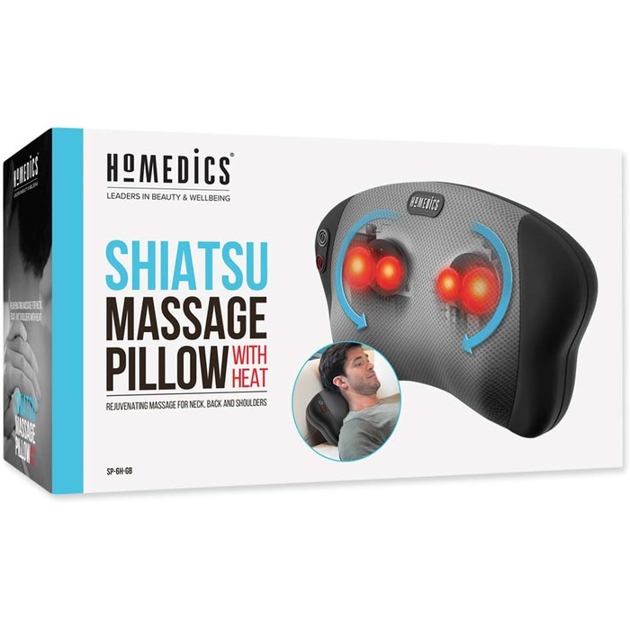 Масажна подушка HoMedics, масаж Шиацу з м'яким теплом, звільненням від вузлів і напруги, розслабленням в області шиї, плечей і спини, універсальний, компактний і зручний в транспортуванні Чорний
