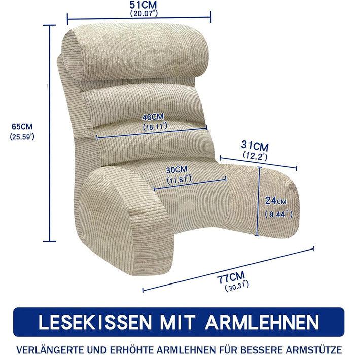 Подушка для читання на ліжку та дивані, подушка для спинки ліжка, подушка для читання зі спинкою для дорослих, зручна для сидіння, читання та перегляду телевізора на підлозі або дивані (кремового кольору, 65 * 30 см) Кремового кольору 65 * 30 см