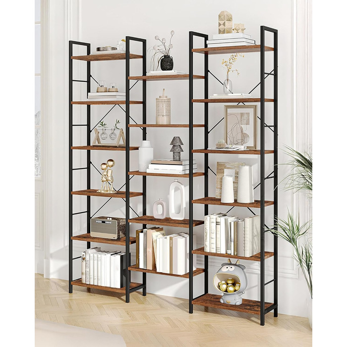 Книжкові полиці Hzuaneri, окремостоячий стелаж, полиця з 17 полицями, 6 ярусів, регульована відстань, 24 x 152 x 186 см, вантажопідйомність 340 кг, вітальня, офіс, вінтажний коричнево-чорний BC10101B