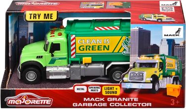 Сміттєвоз Majorette - Mack Granite (22 см) - великий іграшковий сміттєвоз з реалістичним перекиданням і функцією вивантаження, включаючи сміттєвий бак, зі світлом і звуком, для дітей віком від 3 років, білий