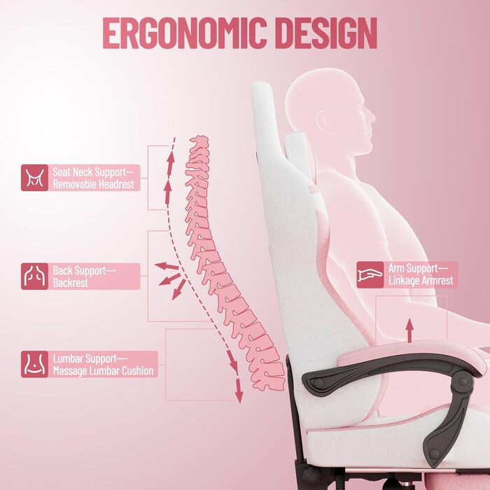 Ігрове крісло з поперековою опорою, дихаюча високоякісна тканина та штучна шкіра, ергономічне офісне крісло, крісло для ПК, регульована спинка, міцне ігрове крісло, висувна підставка для ніг, рожева бавовна та льон, рожева нова версія
