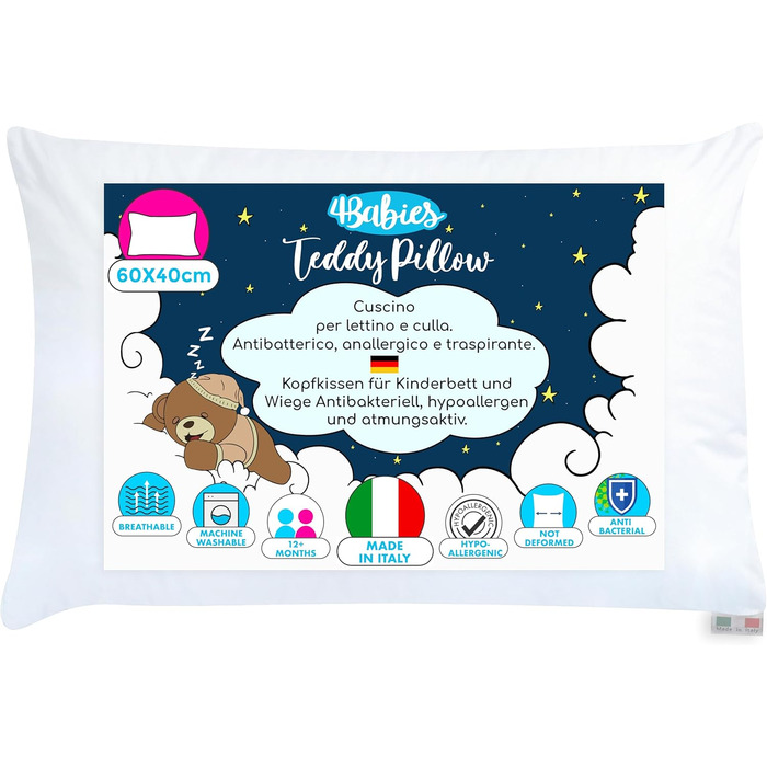 Дитяча подушка 40х60, дитяча подушка від 1 року Дихаюча, антиалергенна з підкладкою 100 італійська бавовна, гіпоалергенна, захищен