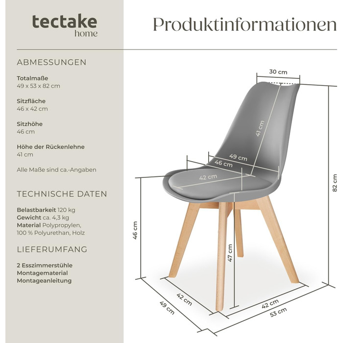 Обідні стільці tectake, комплект з 4 шт. , стільці з черепашковими сидінням, сучасні кухонні стільці, меблі в скандинавському стилі для вітальні, їдальні, кухні та офісу - сірі, комплект з 4 шт. Frederikke II - сірий