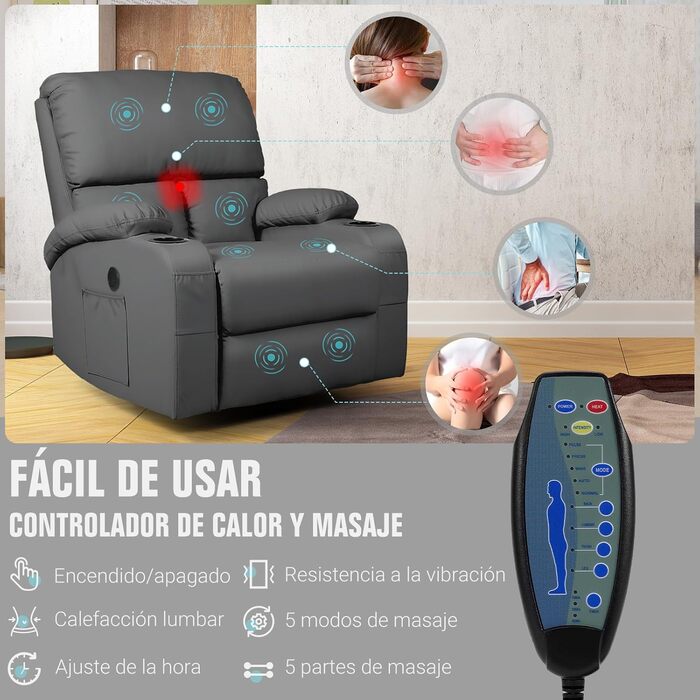 Крісло-гойдалка з функцією відкидання спинки, масажне крісло з вібрацією та підігрівом, порти USB та Type-C, крісла зі штучної шкіри, що обертаються на 360, підходить для вітальні, спальні, дитячої кімнати, кемпера, темно-сірого кольору.