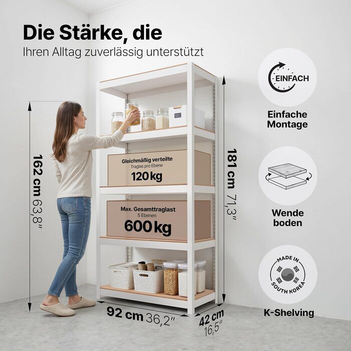 Стелаж, стелаж для підвалу, стелаж для зберігання речей, побутовий стелаж, кухонний стелаж, гаражний стелаж, 40 x 90 x 180 см, стелаж з полицями з ламінованого МДФ, регульовані полиці, білий (полиця-Ш) 90*40*180 см