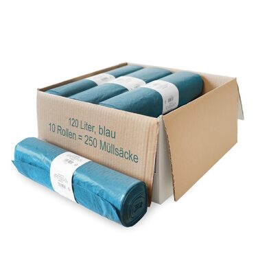 Сміттєві пакети, 250 шт. надзвичайно міцні сині сміттєві пакети, місткість 120 л, 700 x 1100 мм, тип 70 товщиною 42 мкм, особливо стійкі до розривів, ідеально підходять для саду, перевезення, розвантаження та домашнього використання, 10 упаковок по 250 шт