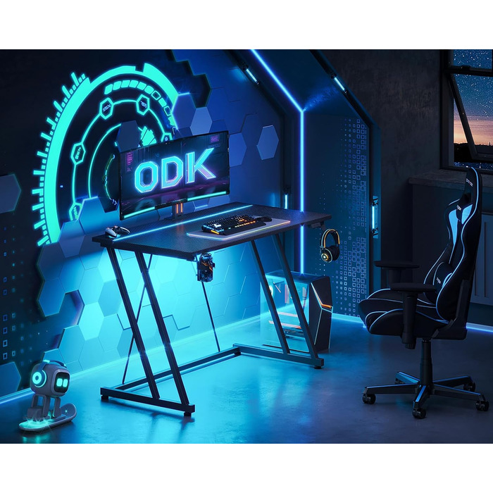 Ігровий стіл ODK 100 x 50 см зі світлодіодним підсвічуванням, ігровий стіл з підставкою для чашок та гачком для навушників, дизайн з подвійною Z-подібною рамою, невеликий комп&39ютерний стіл, чорний колір з вуглецевого волокна, 100 см, чорний колір з вугл