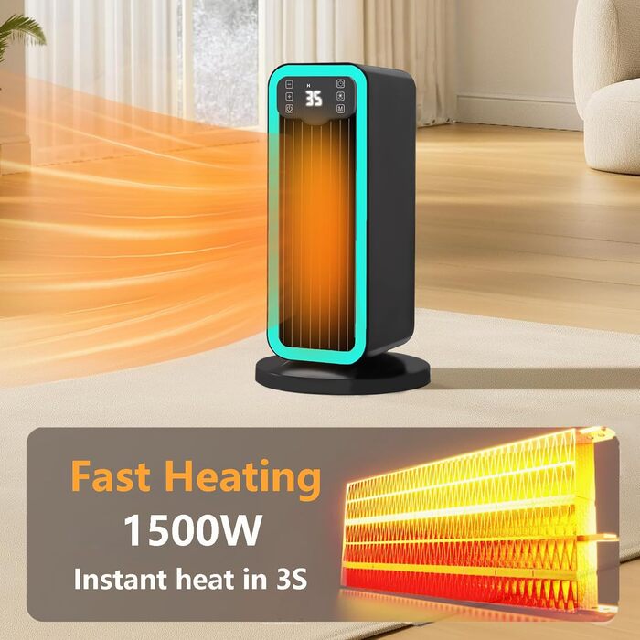 Енергозберігаючий електричний обігрівач, керамічний нагрівальний елемент PTC потужністю 1500 Вт з термостатом, коливання 70, 12-годинний таймер, захист від перегріву та перекидання, портативний обігрівач для приміщень, чорний