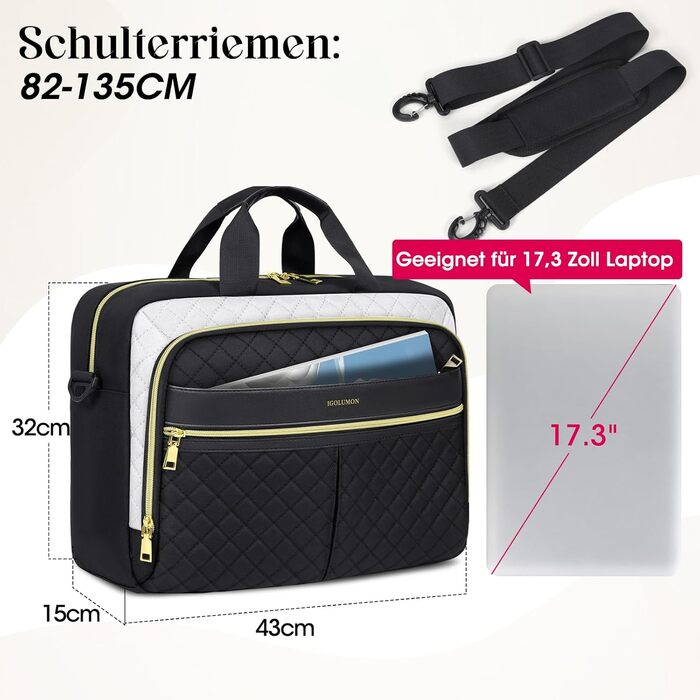 Жіноча сумка для ноутбука 17,3 дюйма, портфель, водонепроникна сумка для ноутбука, робоча сумка, бізнес-сумка, сумка через плече, сумка-мессенджер 17,3 дюйма, чорно-біла