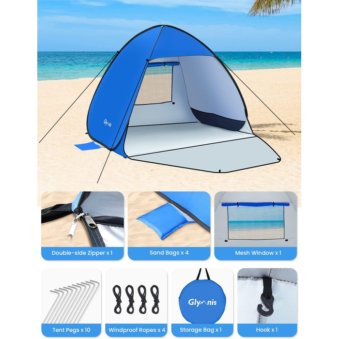 Пляжний намет Glymnis Pop-Up Beach Shelter, пляжний намет із дверима на блискавці, захист від ультрафіолету 50, вітрозахисний, малий розмір у упаковці, синій, пляжний намет XL/3-4 особи
