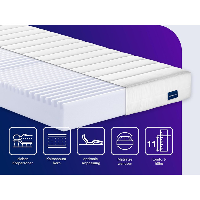 Матрац Traumnacht Easy Comfort Duo з холодної піни 90x200 см H2 та H3 Ергономічний та повітропроникний Сертифіковано Oeko-Tex Висота 11 см Гіпоалергенний та антибактеріальний Німецький стандарт якості, рівень жорсткості H2 (м&39який) H3 (середньо-жорсткий
