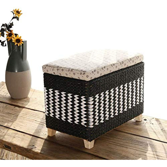Кошик для зберігання з ротанга, пуф, багатофункціональна підставка для ніг з лози з основою з масиву дерева для організації вітальні 50x30x30 см Чорний