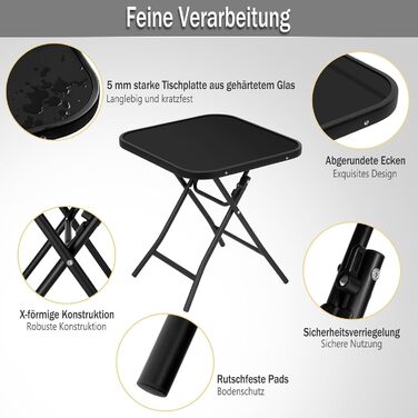 Складаний стіл eSituro, складний бічний столик, балконний стіл, кемпінговий стіл, садовий стіл, бістро-стіл, з металевим каркасом, прямокутна стільниця із загартованого скла, 46x46x48 см, чорний