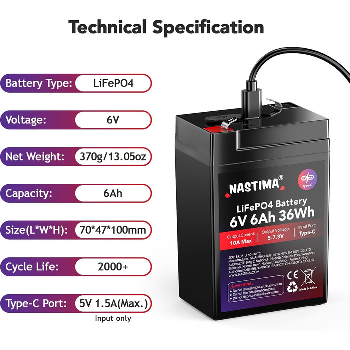Акумуляторна батарея NASTIMA 6V 6Ah 36Wh LiFePO4 із захистом BMS та 2000 циклами глибокого розряду/розрядки, що не потребує обслуговування, зарядка через роз&39єм Type-C, підходить для аварійного освітлення, дитячих іграшкових машинок, моторних човнів, ке