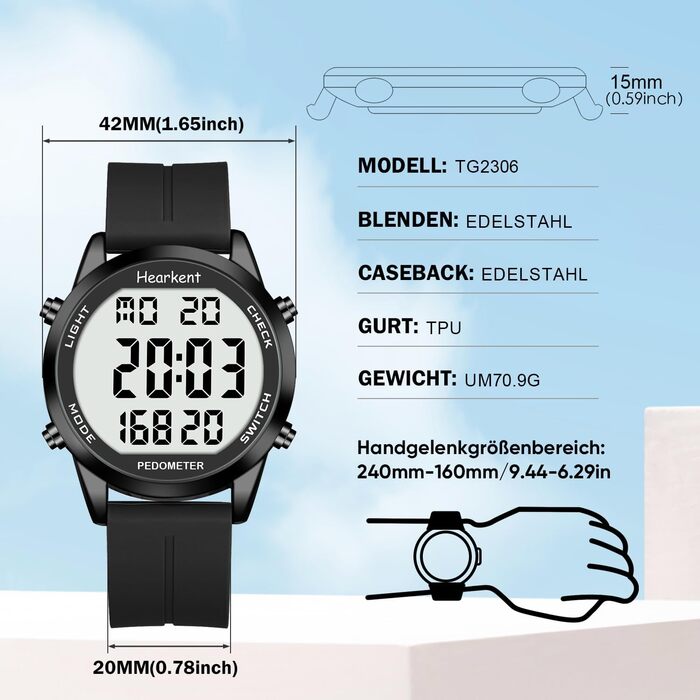 Чоловічий годинник-крокомір (без застосунку чи телефону), цифровий годинник з великими цифрами, водонепроникний 30 м, фітнес-трекер з крокоміром та лічильником калорій, повністю чорний