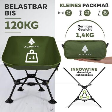 Складане крісло для кемпінгу, легке, регульоване по висоті Невеликий розмір упаковки Складане крісло для кемпінгу Ультралегке крісло для риболовлі Пляжне крісло на ніжках Зелене