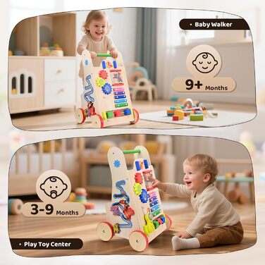 Дерев&39яні ходунки для дітей 8-в-1 з колесами та будівельними блоками, багатофункціональна іграшка-подарунок для малюків від 10 місяців до 1-2 років, кольору дерева