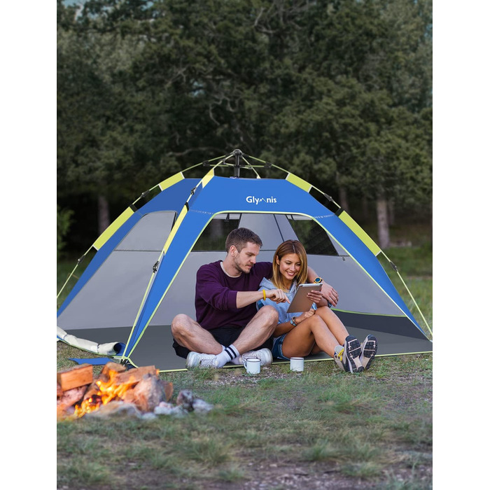 Пляжний намет Glymnis Quick Up, автоматичний пляжний намет із дверима на блискавці, захист від ультрафіолету 50, вітрозахисний, невеликий розмір у упаковці, пляжний намет для 3-4 осіб, синій