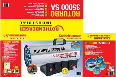 Промисловий газовий обігрівач/нагрівальна гармата Rothenberger з п&39єзоелементом, шлангом, регулятором, захистом від розриву шланга RoTurbo 35000SA 1000C Регульований Включає Bluetooth-динамік, час роботи до 30 годин RoTurbo 35000 з регульованою функцією