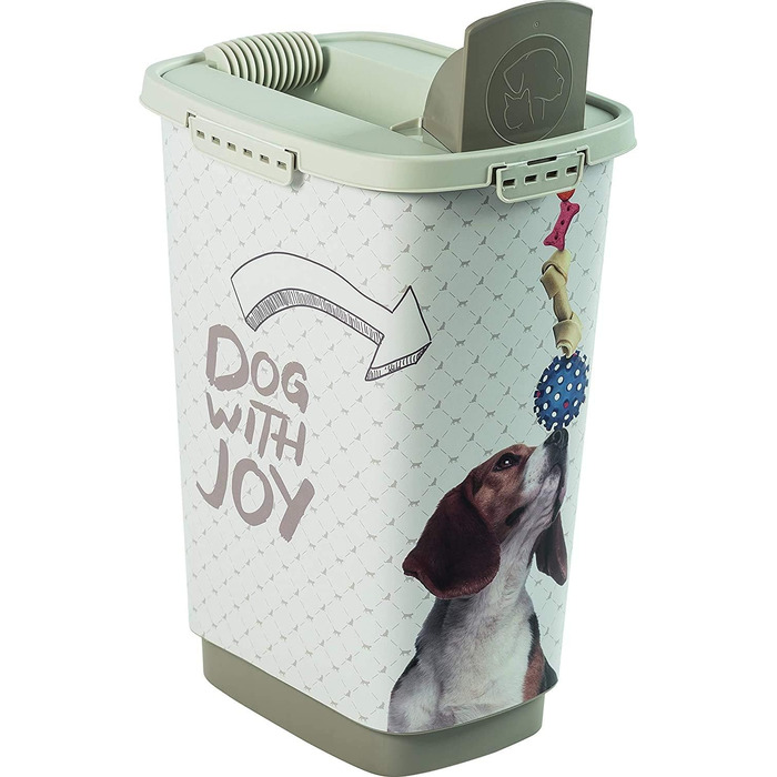 Контейнер для корму Rotho MyPet Cody 25л з кришкою та дозатором, пластик (PP) без BPA, антрацит/білий, 25л (33.0 x 25.0 x 46.3 см), дизайн з собачками