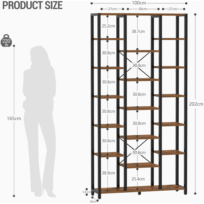 Книжкова полиця Hzuaneri, стояча полиця з 7 рівнями та 18 полицями, регульовані відкриті полиці, для вітальні, офісу, спальні, 30 x 100 x 202 см, вінтажний коричнево-чорний, BC15601B 30 x 100 x 202 см вінтажний коричнево-чорний