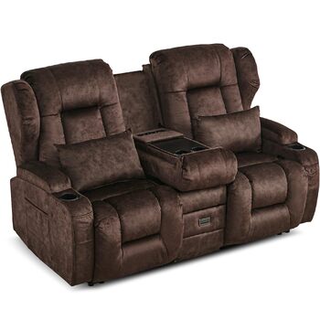 Місний розкладний крісло-реклайнер з функцією відкидання спинки та підставкою для ніг, двомісне крісло для телевізора з консоллю, подвійне кінокрісло з ручним регулюванням вагою до 360 кг (розкладна центральна консоль, коричнева оксамитова тканина) Коричн