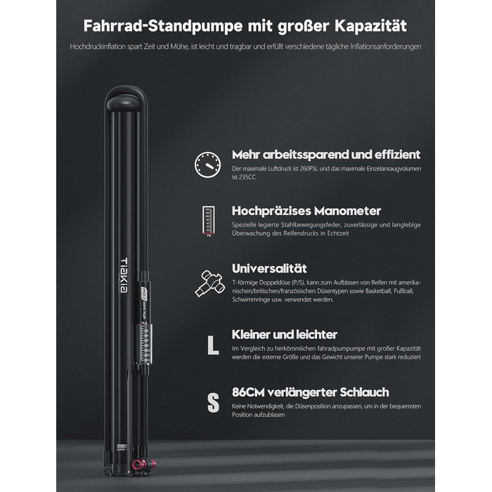 Велосипедний насос Tiakia з манометром, маленький велосипедний насос для всіх типів вентилів, алюмінієвий міні-насос, портативний насос для шин Schrader та Presta, шосейні та гірські велосипеди, 260 PSI/18 бар