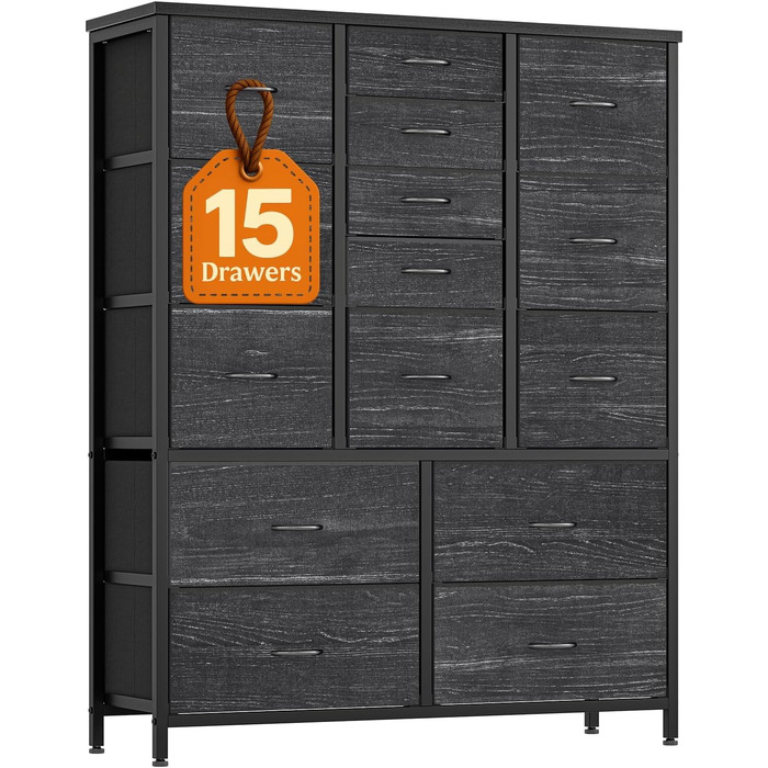 Комод Garvee з 15 шухлядами, тканинний комод з металевим каркасом та дерев&39яною стільницею, велика шафа для зберігання речей для спальні, вітальні та коридору, міцний та компактний, темно-сірий та чорний