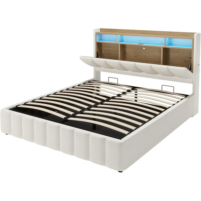 Ліжко зі світлодіодним освітленням, гідравлічне ліжко 140 x 200 см, м&39яке ліжко, узголів&39я з полицею та місцем для зберігання речей, каркас ліжка з рейковою основою, зручне, для спальні, гостьової кімнати, PU білий 140 x 200 білий