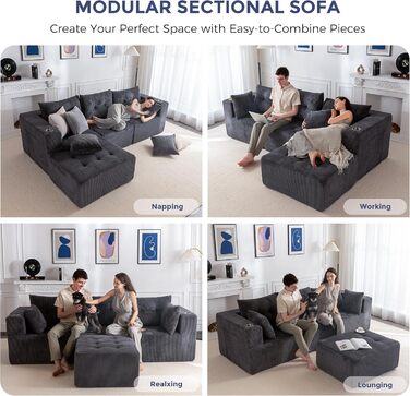Кутовий диван MAXYOYO з вельвету з підсклянником, модульний диван, що трансформується в L-подібний та двоспальний диван, 3-місний диван без кісток для вітальні, не потребує складання, сірий, L-подібний
