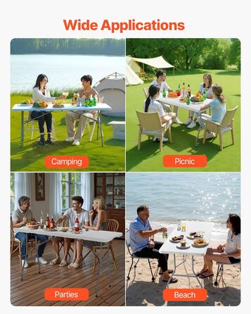Розкладний фуршетний стіл VEVOR, портативний універсальний стіл, 180 см, прямокутний пластиковий стіл (для 4-6 осіб) з інтегрованою ручкою, садовий стіл, кемпінговий стіл для вечірок, пікніків, кемпінгу, білий