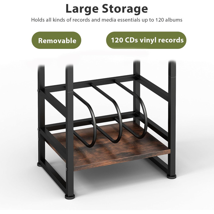 Підставка для програвача платівок, 3-ярусний бічний столик, столик для програвача платівок, до 120 альбомів, столик для вітальні, спальні, вінтажний коричневий (сільський коричневий)