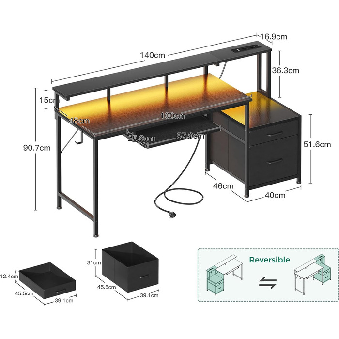 Ігровий стіл Coleshome зі світлодіодним освітленням, 140x48 см, стіл з тканинними шухлядами, комп&39ютерний стіл з 2 розетками та 2 USB-портами, ігровий стіл з підставкою для монітора для домашнього офісу, чорний 140x48 см, чорний